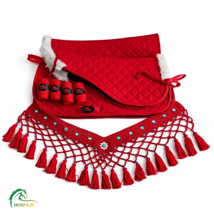 ست عرق گیر اسب و پد زیر زین همراه سینه بند و بانداژ کار قرمز