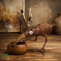 مجسمه دست‌ساز کلاغ وَرچین با پیاله چوب گردو
