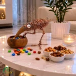مجسمه دست‌ساز کلاغ وَرچین با پیاله چوب گردو