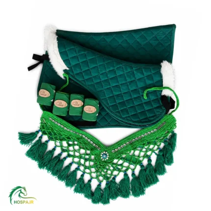 ست عرق گیر اسب و پد زیر زین همراه سینه بند و بانداژ کار سبز